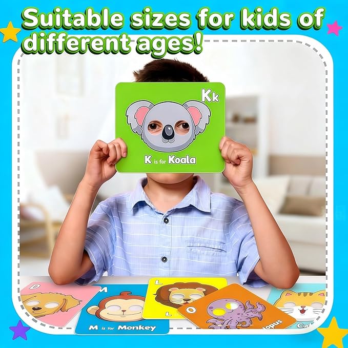 Alphabet ABC Flash Cards with Animal Masks, 26 Giant Animal mask Alphabet Cards, nteractive Education Games, Uppercase & Lowercase Learning Games，Colorful Mask Flashcards