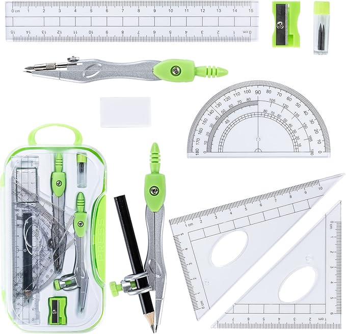 10 Pieces Math Geometry Kit Set with Shatterproof Storage Box, Student Supplies Includes Rulers,Protractor,Compass,Pencil Sharpener,Lead Refills,Pencil,Eraser for School and Drawings