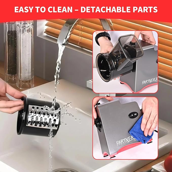 PARTNERJOY Electric Cheese Grater 250W, 7-in-1 Salad Maker & Vegetable Slicer Shredder with Widened Feeding Port for Block Cheese, Carrots, Potatoes & Fruits, Professional Food Grating Machine