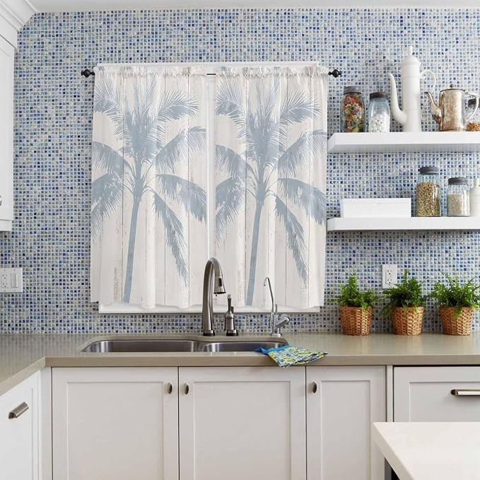 Summer Coconut Tree on Vintage Wood Grain Window Valance Curtains, Seaside