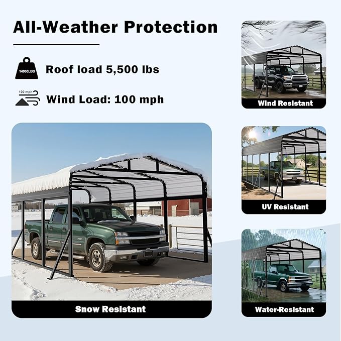 10x15FT Heavy Duty Metal Carport - Reinforced Galvanized Carport Canopy for All-Weather Shelter, Enhanced Wind Resistance for Boats, Cars, Trucks and Tractors