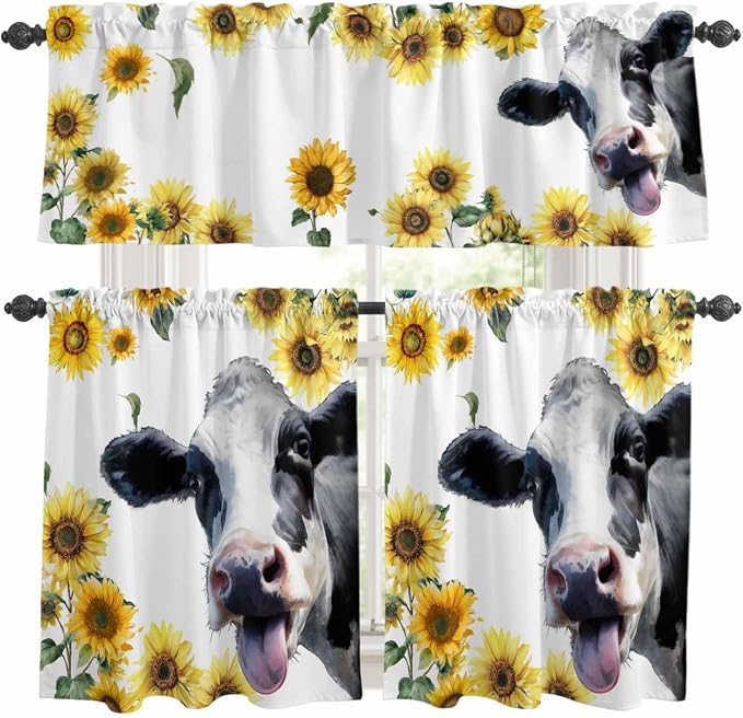 Kitchen Curtains Tiers and Valance Set of 3, Cow Sunflowers Light Filtering