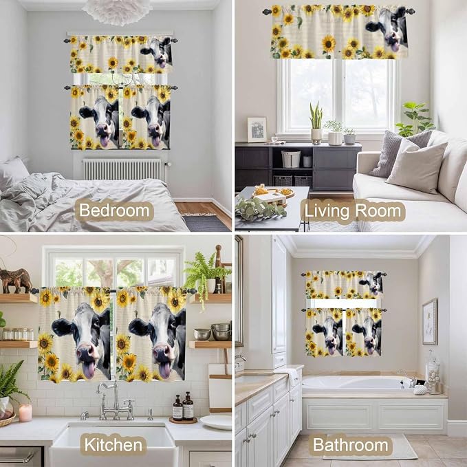 Kitchen Curtains Tiers and Valance Set of 3, Cow Sunflowers Light Filtering