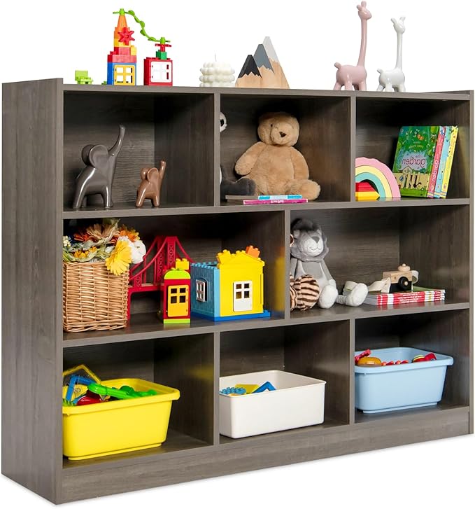 HONEY JOY Kids Storage Organizer, 8-Section Open Wooden Display Shelf for Classroom, Playroom, Nursery, Kindergarten, Dark Gray