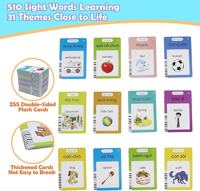 MAYAPHILOS 510 Sight Words Vietnamese and English Talking Flash Cards