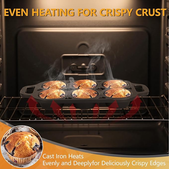 COSORM Pre-Seasoned Cast Iron Muffin Pan - 6-Cup Nonstick Cupcake Pan, 2 Piece Set