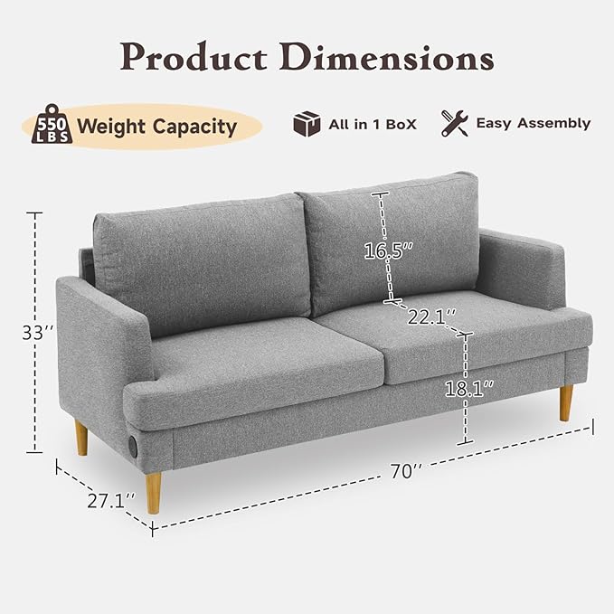 Loveseat Sofa Couch for Living Room with USB Type C Ports – Light Gray Upholstered 70" Small Couches for Bedroom, Office or Apartment–Modern 2-Seater Deep Seating with Soft Cushions & Sturdy Frame