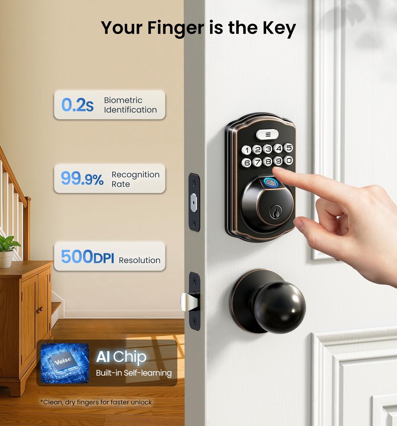 Veise KS02A Fingerprint Keyless Entry Door Lock, Auto Lock, Electronic Keypad Deadbolt for Front Door, Biometric, Anti-Peeping Password, Easy Install, Oil Rubbed Bronze
