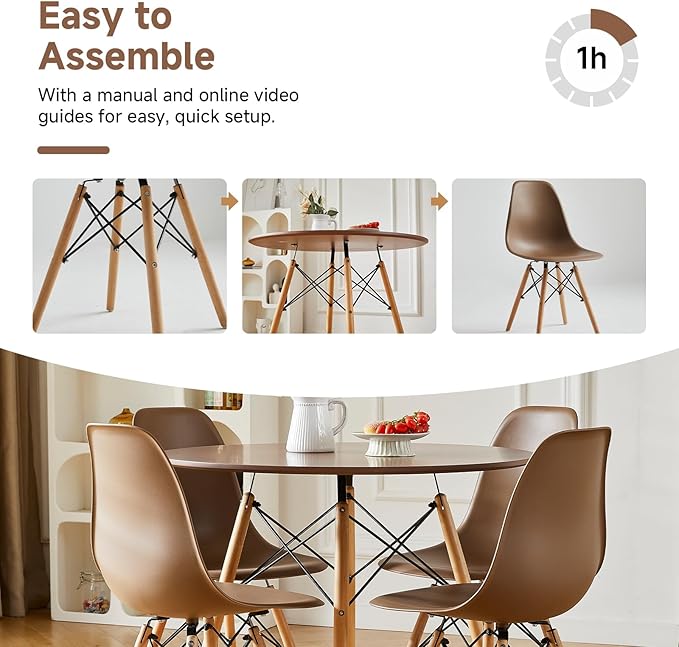 Round Dining Table Set for 4 31.5" Wood Dinner Table Circle Dining Table Kitchen Table Chairs Set of 4 with Wood Strip Base for Kitchen Living Room Space Saving Apartment(Brown)
