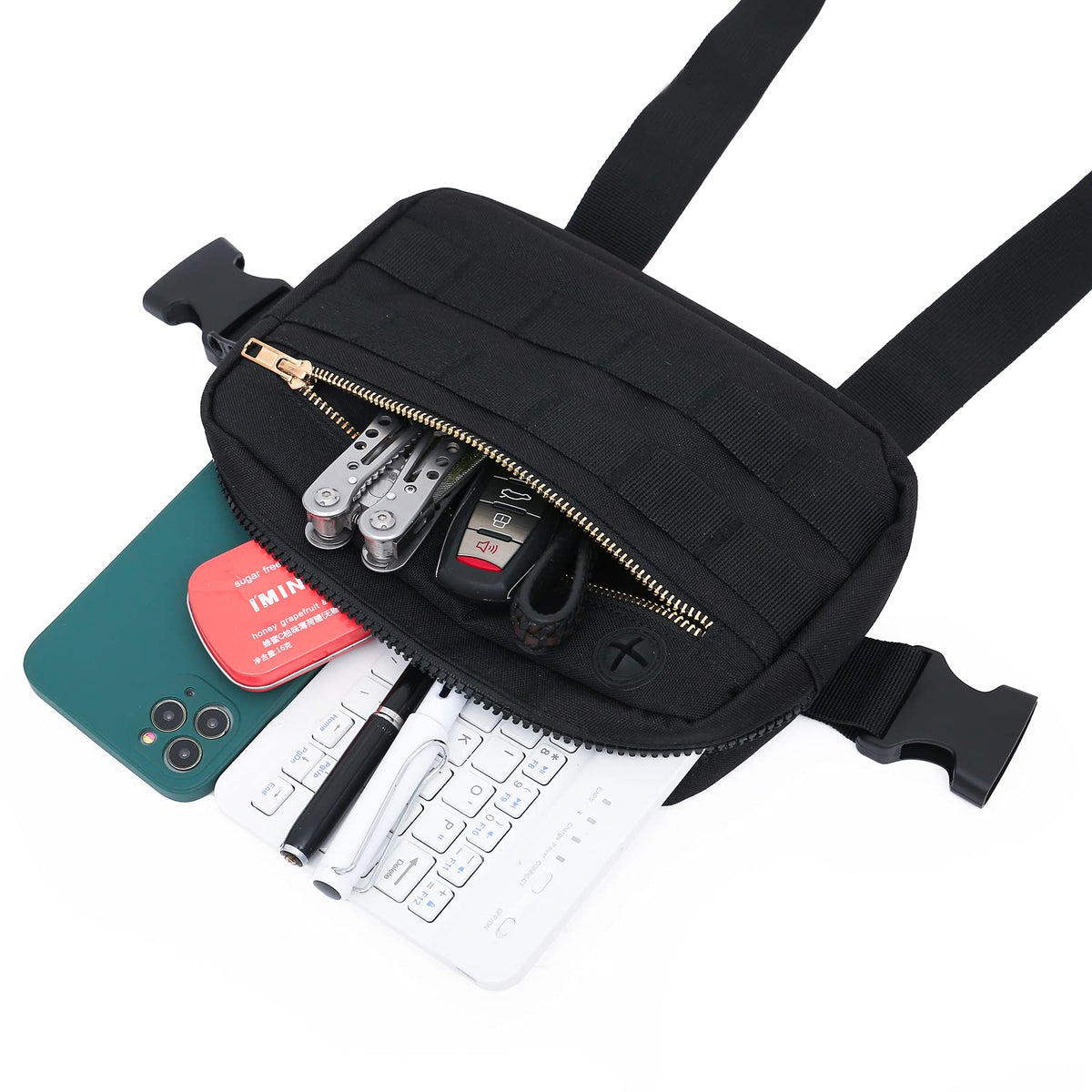 Muserise Outdoor Chest Bag For Men, EDC Chest Pack With Built-In Phone Holder, Lightweight Chest Rig Pouch (Black)