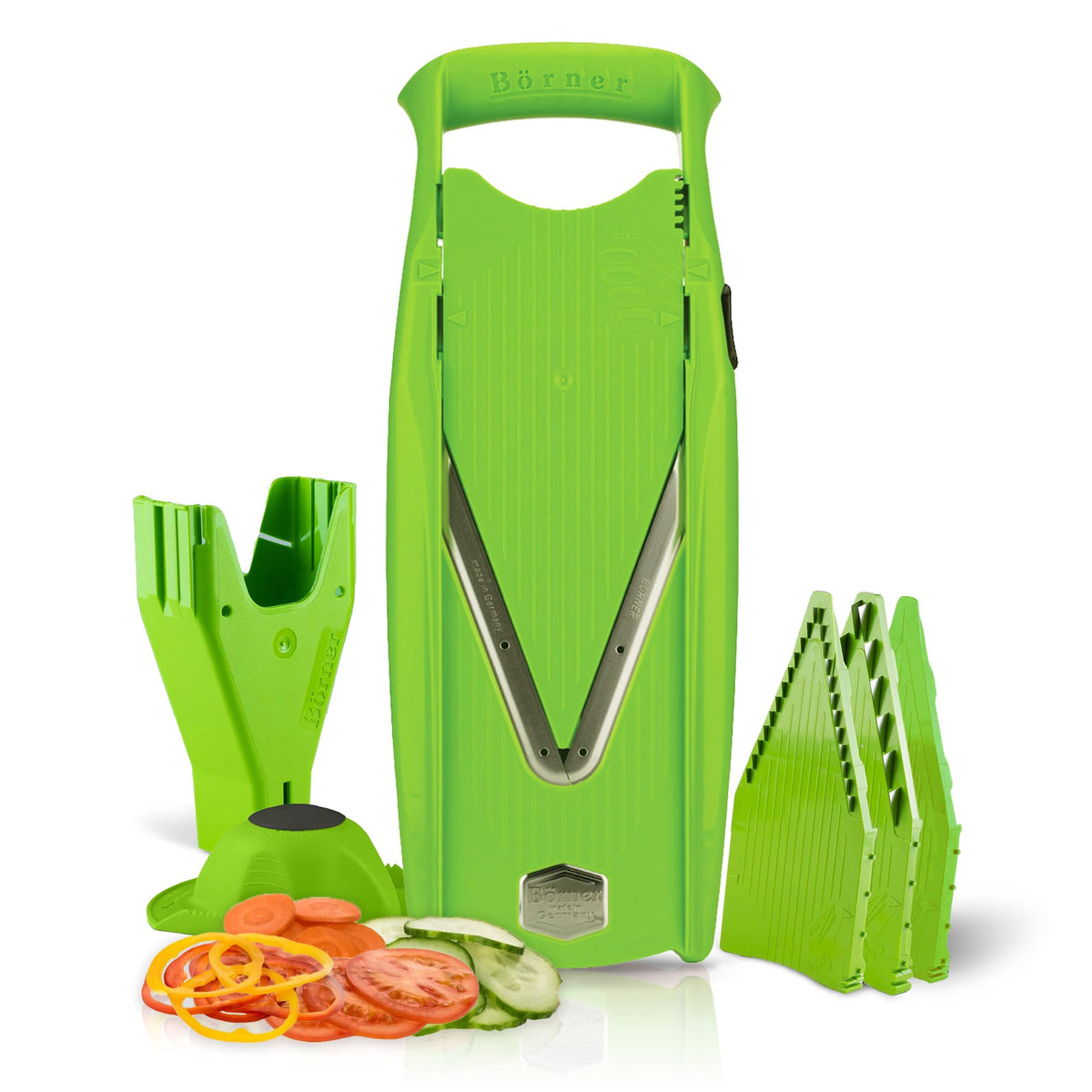 Swissmar Börner VPower V-Slicer Mandoline – Professional Kitchen Tool with Adjustable Thickness – Precision Food Slicer for Vegetables, Julienne & Shredding – Includes Safety Holder & Inserts - Red
