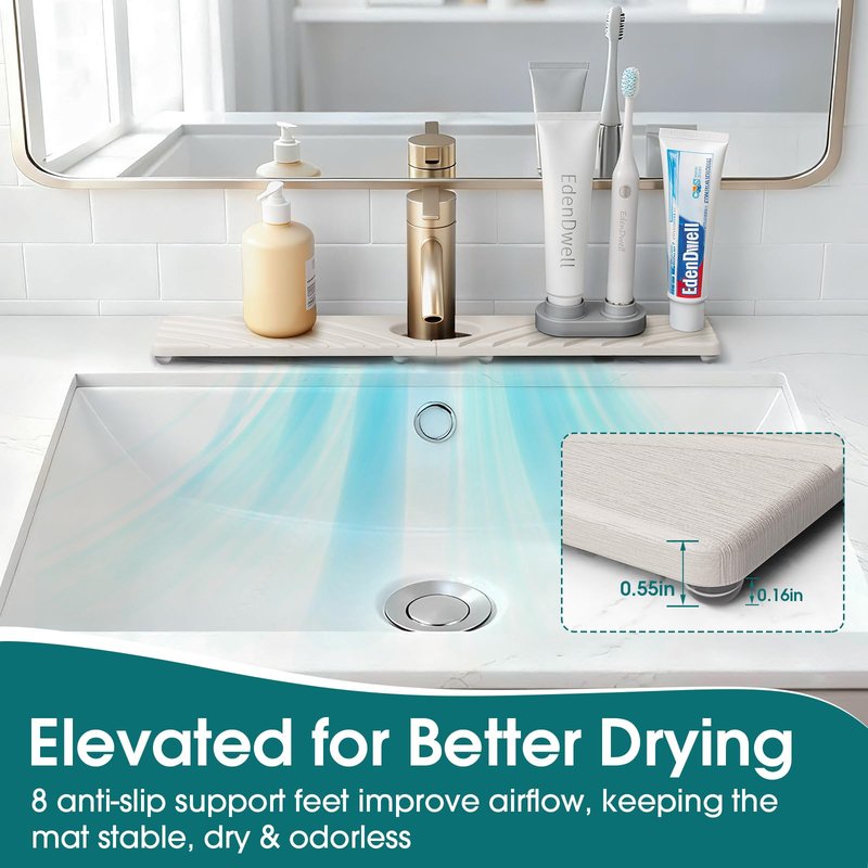 EdenDwell Quick Dry Stone Faucet Mat for Kitchen Sink - 15.8"x3.9" Natural Diatomite Stone Drying Mat for Kitchen Counter Bathroom Dish Dry Mat Auto Drainage Sink Protector (White)