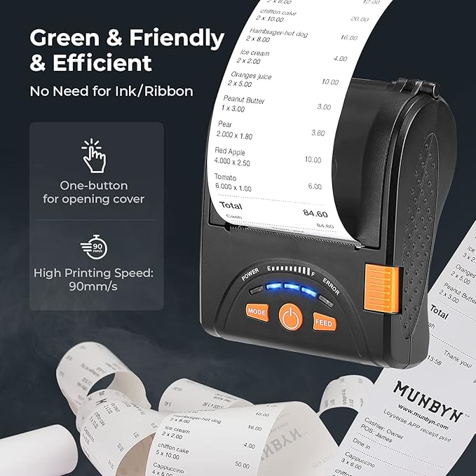 MUNBYN Bluetooth Receipt Printer, 58mm Mini Wireless POS Thermal Printer for Restaurant, Portable for Android/Windows