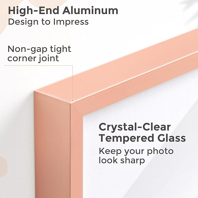 12x18 Metal Picture Frame for Wall With Mat for 8.5x11, 12''x18'' Aluminum Photo Frames With Tempered Glass for Home Decor, Minimalist Modern Poster Frame Horizontal And Vertical Formats, Rose Gold