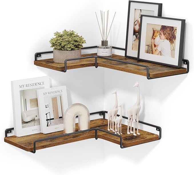 VASAGLE Corner Shelf Wall Mount Set of 2, Floating Shelves, Small Wall Shelf for Decor Storage, for Living Room Bedroom Kitchen Bathroom, Rustic Brown and Black ULLS831B01