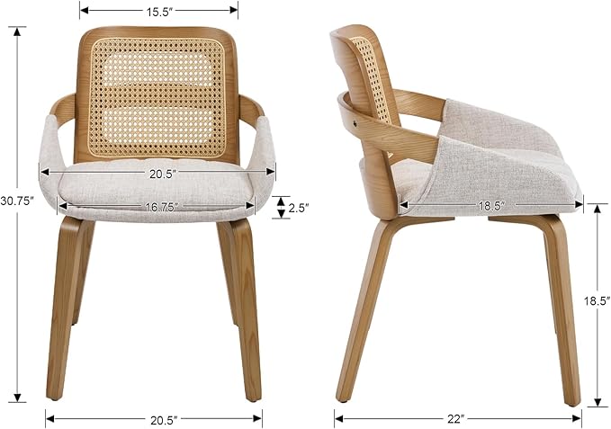 DUOMAY Modern Linen Dining Chairs Set of 2, Cane Back Room Chairs with Solid Wood Legs Kitchen Chairs for Living Room, Restaurant, Beige
