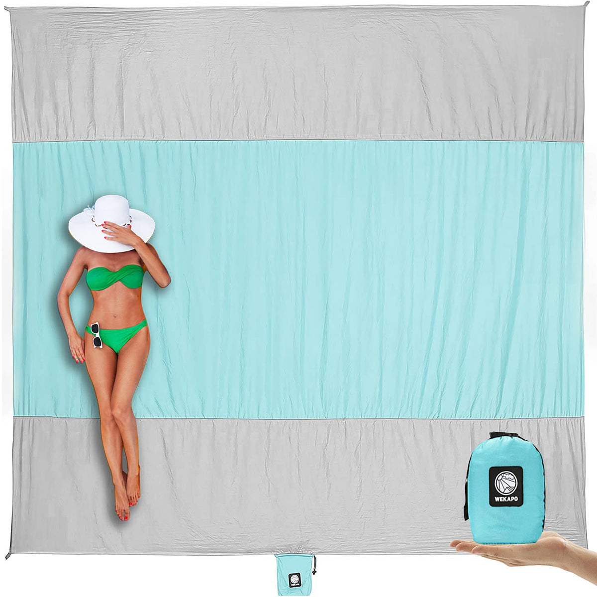 WEKAPO Beach Blanket - Sandproof Waterproof Extra Large Beach Mat | Oversized Sand-Free Lightweight Quick-Drying | Beach Vacation Essentials with Stakes & Corner Pockets (Grey, 9x7 FT)
