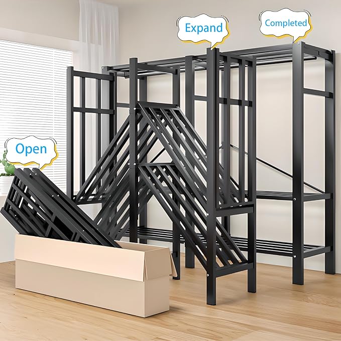 Heavy Duty Covered Clothes Rack with Magnetic Door Foldable Portable Wardrobe Closet for Hanging Clothing Rolling Black Metal Garment Rack on Wheels Closet System (Black, 65.9in)