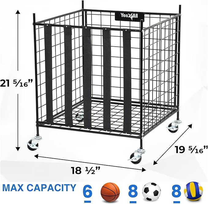 YES4ALL Rolling Ball Cart Storage with Lockable Wheels Volleyball Basketball Holder, Toy Balls Bin, Garage Cage, Storage Racks, Sports Equipment Organizer, Ball Rack for Outdoor Indoor Use