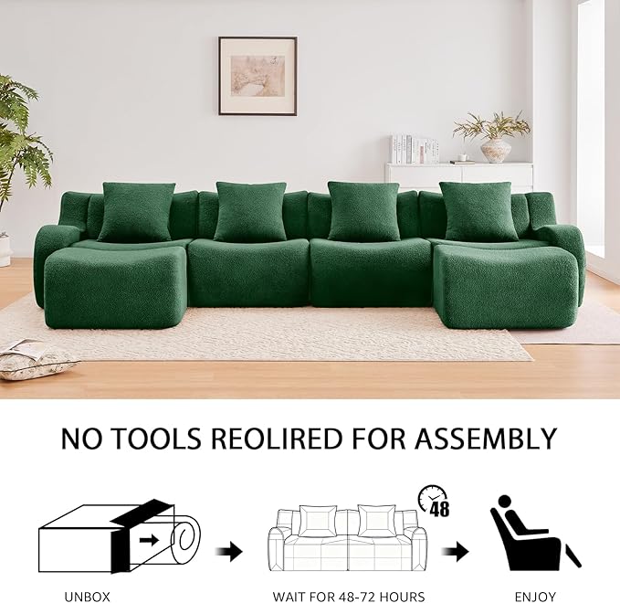 Green 3-Seater Cloud Couch, Modern Teddy Fabric Boneless Sectional Sofa in a Box for Living Room, Modular Floor Couch, Deep Seat, No Assembly Required, Sofas para Sala