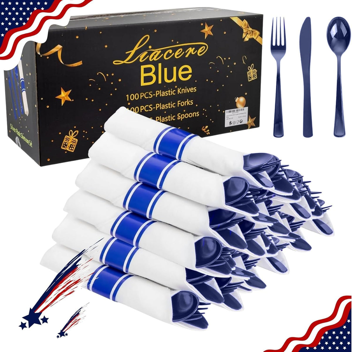 Liacere 400PCS Silver Plastic Silverware - Pre Rolled Napkins Disposable Silver Cutlery-Premium Quality Gold Plastic Utensils - Includes 100Forks,100Knives,100Spoons,100Napkins For Wedding & Party