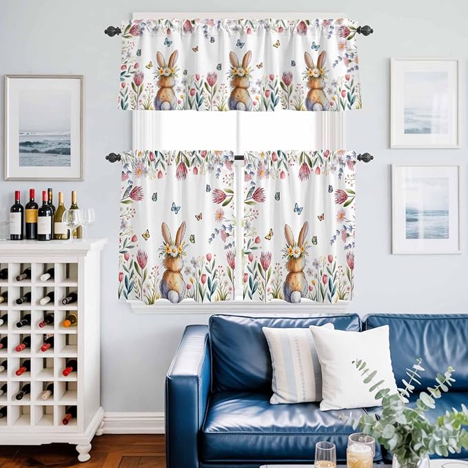 Kitchen Curtains Tiers and Valance Set of 3, Easter Light Filtering Window