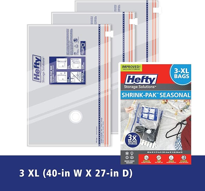 Hefty Shrink-Pak - 3 Extra Large Vacuum Storage Bags for Clothes, Pillows, Towels, or Blankets - Space Saver Vacuum Sealer Bags Ideal Under Bed Storage Solutions
