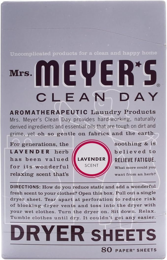 MRS. MEYER'S CLEAN DAY Dryer Sheets, Fabric Softener, Reduces Static, Infused with Essential Oils, Lavender, 80 Count
