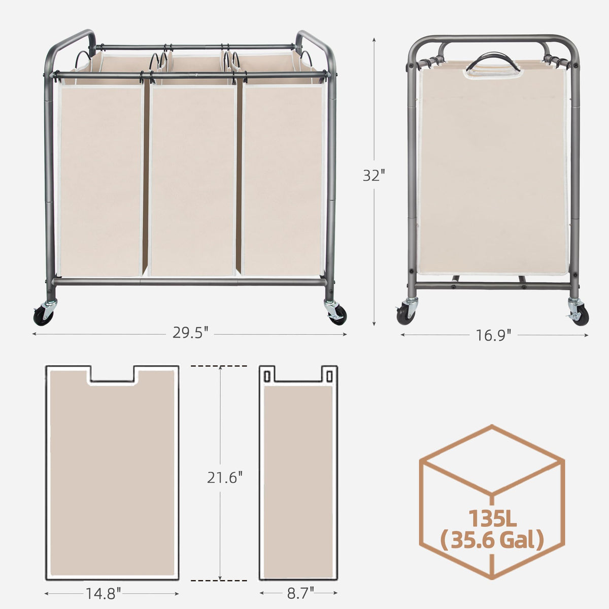 STORAGE MANIAC 3 Section Laundry Sorter, 35.6 Gal (135 L) Laundry Hamper Cart with Heavy Duty Rolling Lockable Wheels and Removable Bags, Clothes Organizer Basket Separator Hamper, Beige