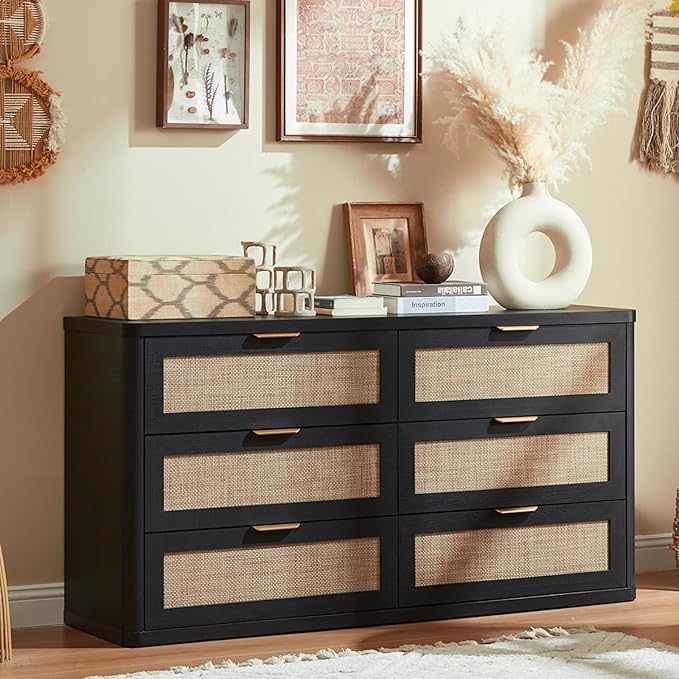 LEYAOYAO Rattan 6 Drawer Dresser for Bedroom, Boho 54" Wide Black Dresser Chest of Drawers, Dressers TV Stand with Metal Handle, Storage Dressers Closet Organizer for Living Room, Hallway