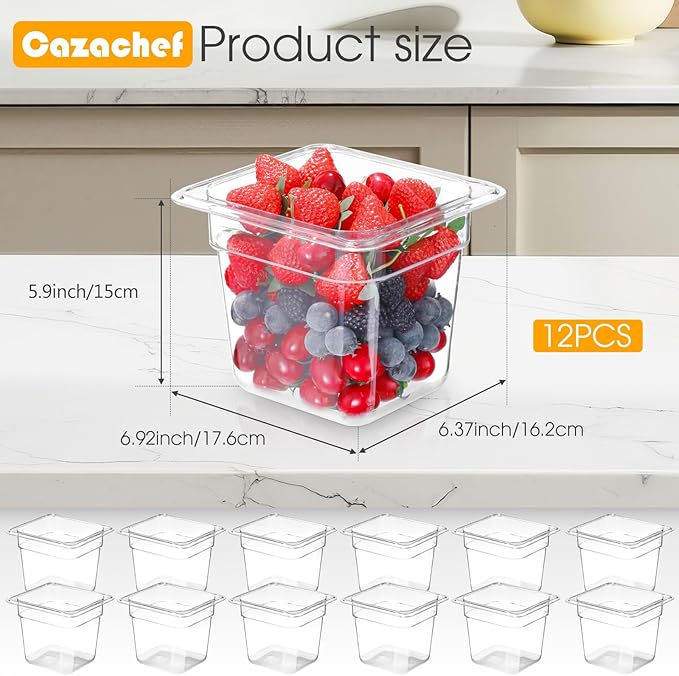 CAZACHEF 12-Pack NSF Polycarbonate Food Pans, 1/6 Size 6" Deep Commercial Food Storage Containers, Clear Plastic Steam Table & Prep Pans for Buffet, Salad Bar, Restaurant, Dishwasher & Freezer Safe