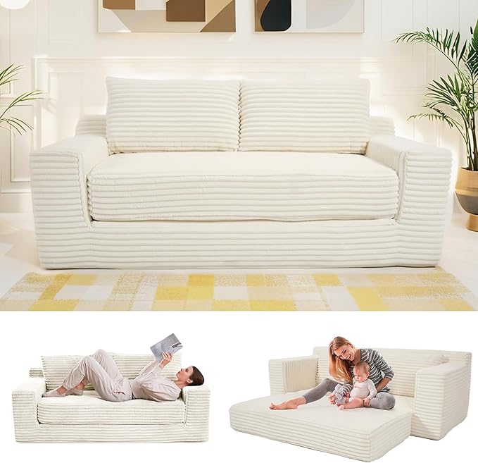 Fefances Loveseat Sofa Bed Boneless Couch, Convertible 2-in-1 Design, Corduroy Fabric - Compact Memory Foam Couch for Small Spaces, Apartments, Home Office & Bedroom (Beige)