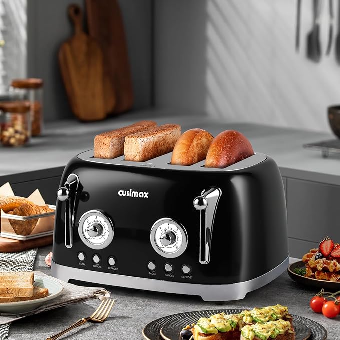 CUSIMAX Toaster 4 Slice with Wide Slots for Bagels, Black & Silver