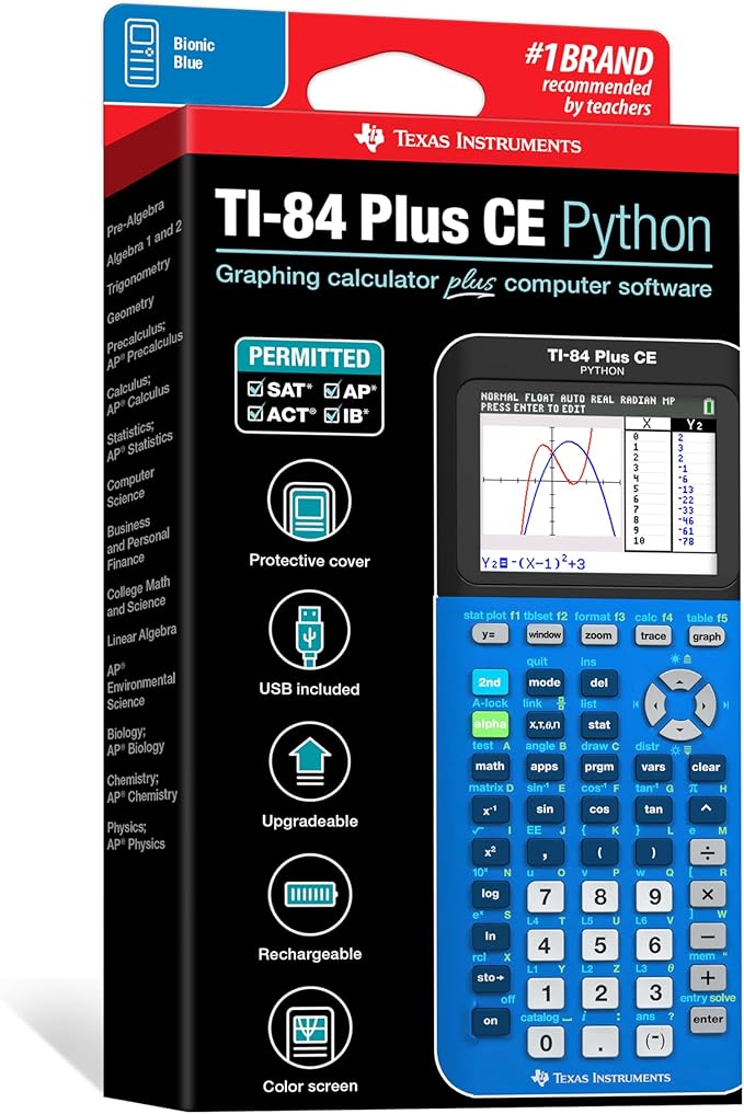Texas Instruments TI-84 Plus CE Color Graphing Calculator, Bionic Blue Small