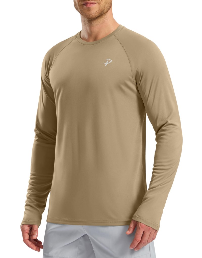 Pudolla Mens Long Sleeve Running Shirts Quick Dry SPF Rash Guard Lightweight Hiking Workout Sun Protection Tee(Khaki L)