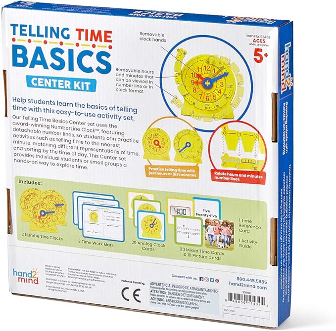 Hand2Mind Telling Time Basics Center Kit - Learn to Tell Time Activity Set with Analog Classroom Clock for Kids, Yellow