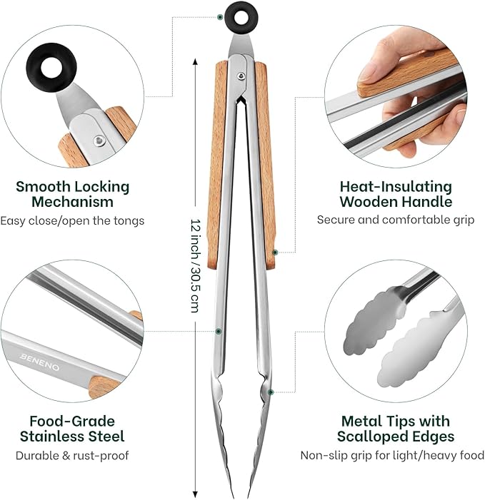Beneno 12-Inch Heavy Duty Stainless Steel Kitchen Tongs for Cooking