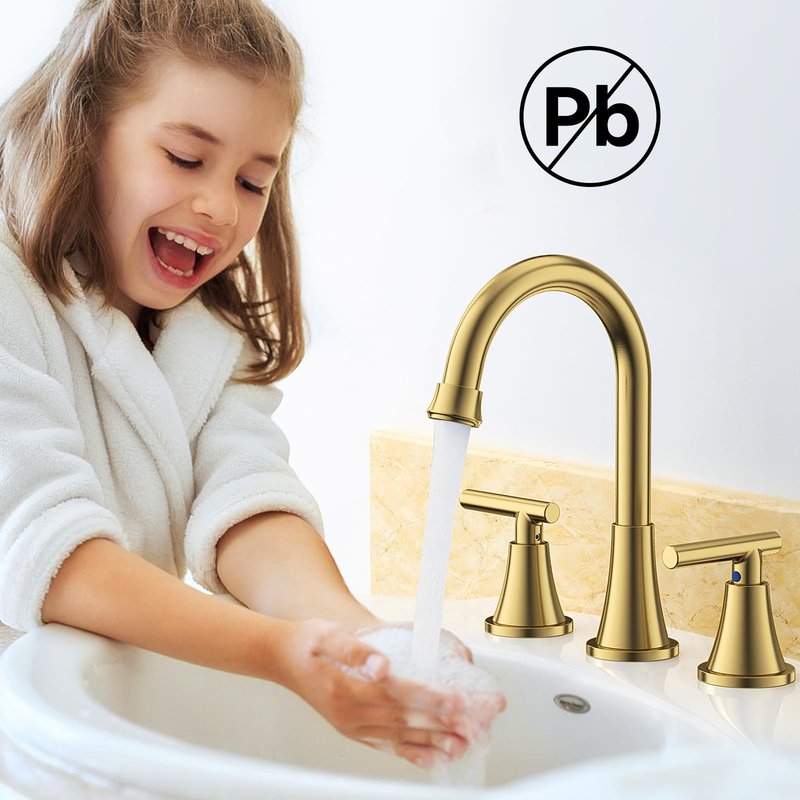 Bathroom Faucets for Sink 3 Hole, Hurran Brushed Gold Bathroom Sink Faucet with Pop-up Drain and Supply Lines, Stainless Steel Lead-Free Widespread Faucet for Vanity RV Farmhouse Sink