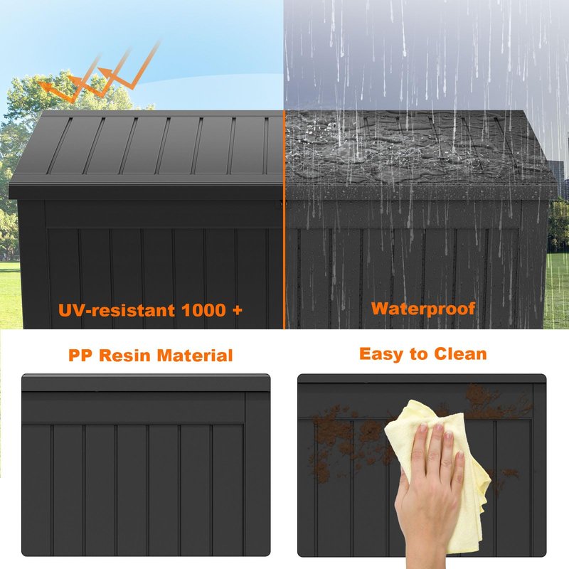PatioZen 280 Gallon Outdoor Deck Box,Waterproof Resin Outdoor Storage Boxes, Outside Storage Lockable Container for Garden Tools,Indooor Cushions,Accessories (Black)