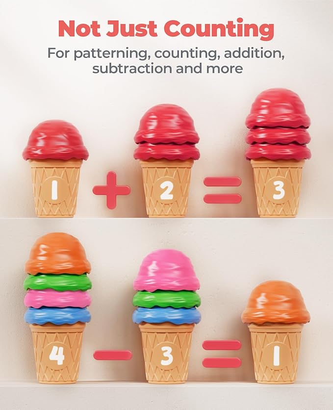 JoyCat Ice Cream Preschool Learning Activities Counting and Color Sorting Set Stacking Toys for Kids 1-5, Educational Fine Motor Skills Toys, 30PCS Math Manipulatives, Easter Basket Stuffers