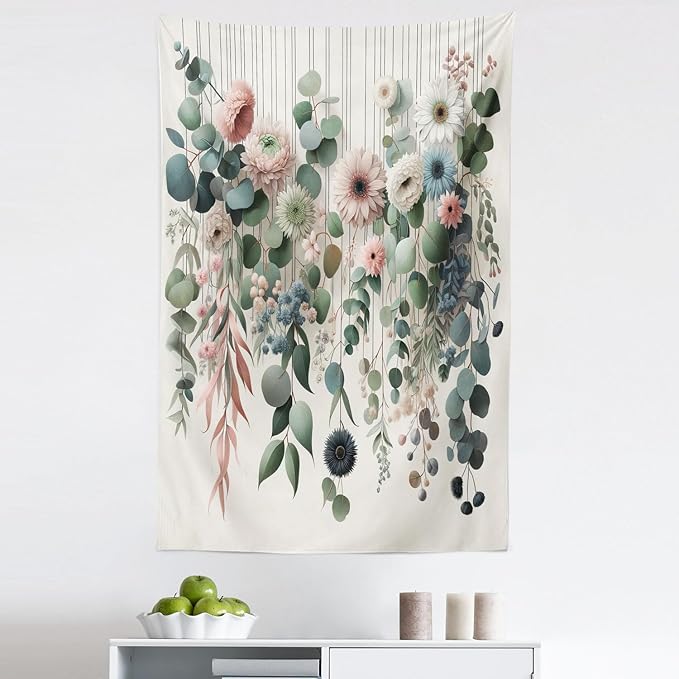 Ambesonne Flower Tapestry, Modern Lines Leafy Eucalyptus Pattern with Tender Sunflower and Peony, Fabric Wall Hanging Decor for Bedroom Living Room Dorm, 30" X 45", Grey Teal Laurel Green