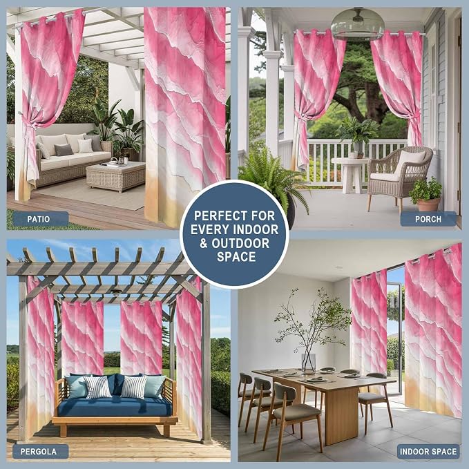 Ocean Outdoor Curtains for Patio Beach Waves Watercolor Abstract Gradient Pink