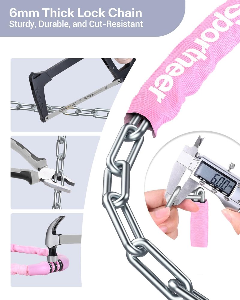 Sportneer Bike Lock: 5 Digit Combination High Security Anti Theft Bike Chain Lock - 3.2/3.6/4ft Heavy Duty Resettable Keyless Bicycle Lock for Bike, Motorcycle, Scooter, Door & Gate - 6mm Thick Pink