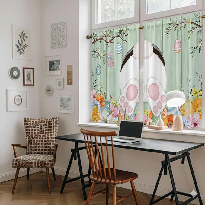 Easter Kitchen Curtains 45 Inch Long 2 Panel Set, Rod Pocket Window Treatment