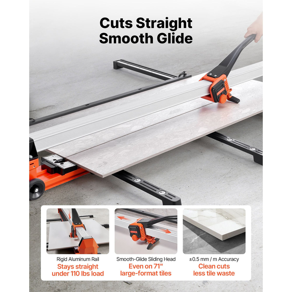 71-Inch Manual Tile Cutter, Upgraded Rail and Sliding Head, Precision Alignment Guide, Tungsten Carbide Cutting Wheel, Support Legs with Swivel Wheels, for DIY Pros, Ceramic, Floor, Wall Tiles