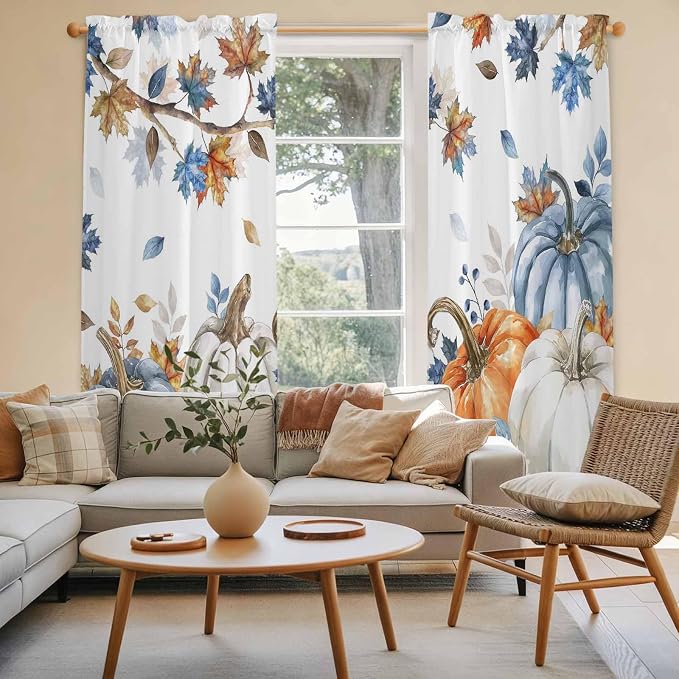Navy Blue Pumpkin Fall Window Curtains 72 Inch Long 2 Panel Set, Rod Pocket