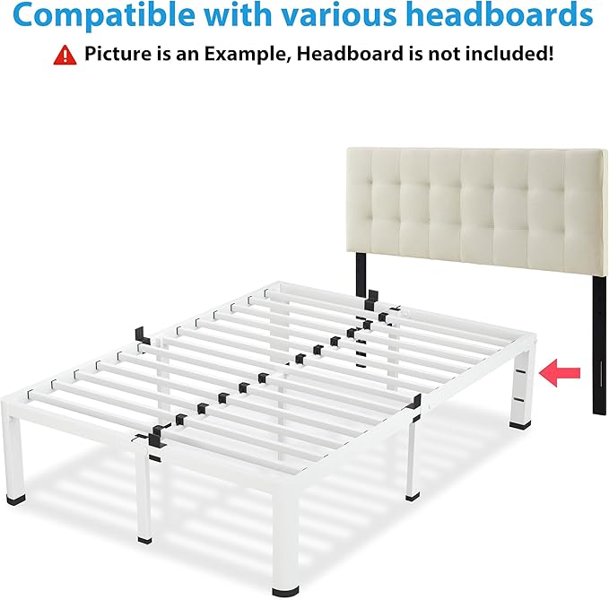 18 Inch Full Size White Bed Frame, 3500Lbs Heavy Duty Metal Platform with Round Corner Legs Mattress Slide Stopper, Steel Slat Support No Box Spring Needed, Noise Free, Non-Slip, Easy Assembly