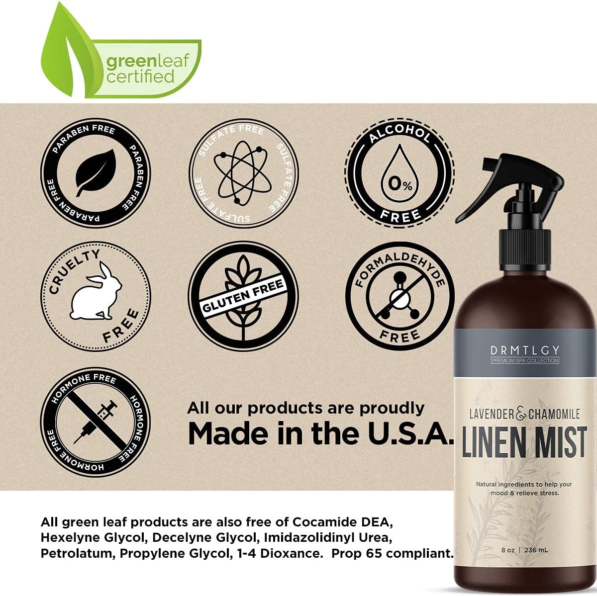 DRMTLGY Natural Green Tea Linen and Room Spray. Pure Essential Oils for a Pillow Spray, Linen Mist, and Fabric Spray. Aromatherapy Spray for Relaxation and Sleep, 8 oz