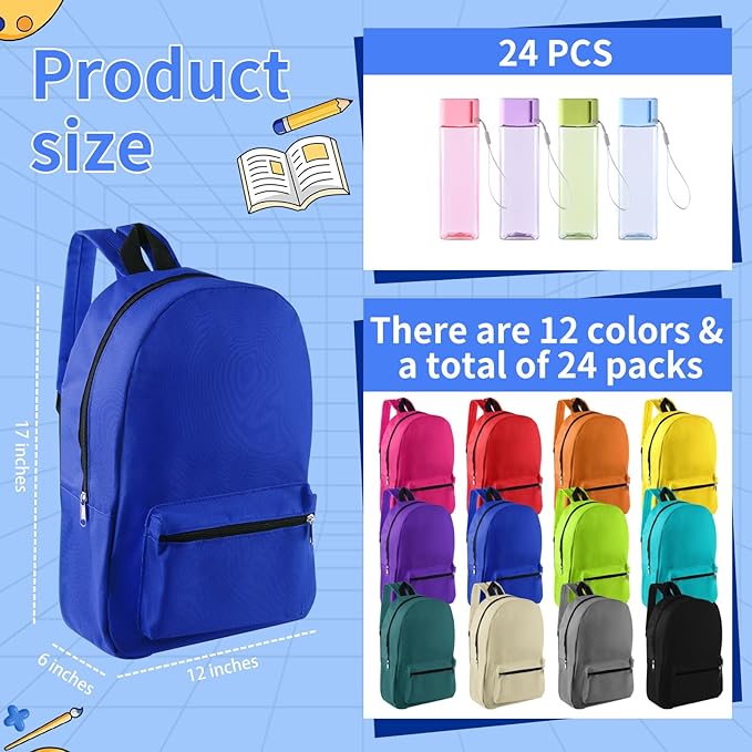 24 Set Bulk Backpacks with Sport Water Bottle Back to School Supplies Kit Book Bags in Bulk for Elementary, Middle, and High School Kids Boys Girls Teens Students