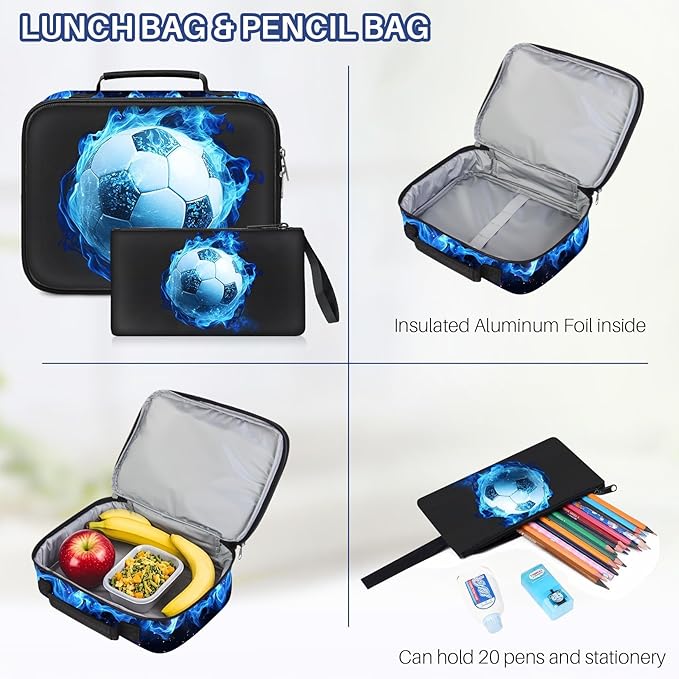 School Backpacks for Boys - 4pcs Soccer Boys Backpacks with Lunch Box Set for Kids Teens Elementary Middle School, 17″ Large Capacity Students Bookbag, Perfect for Travel